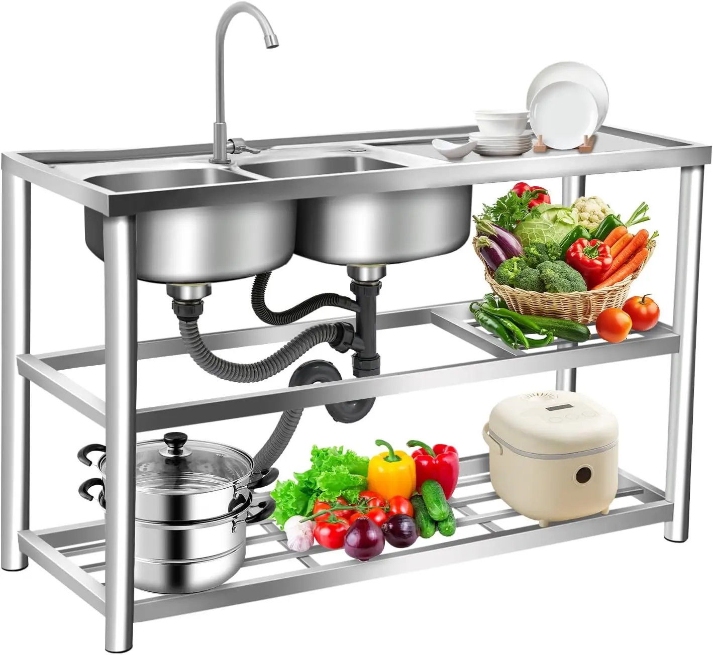 Commercial Kitchen Sink - Трехъярусная отдельностоящая мойка из нержавеющей стали,